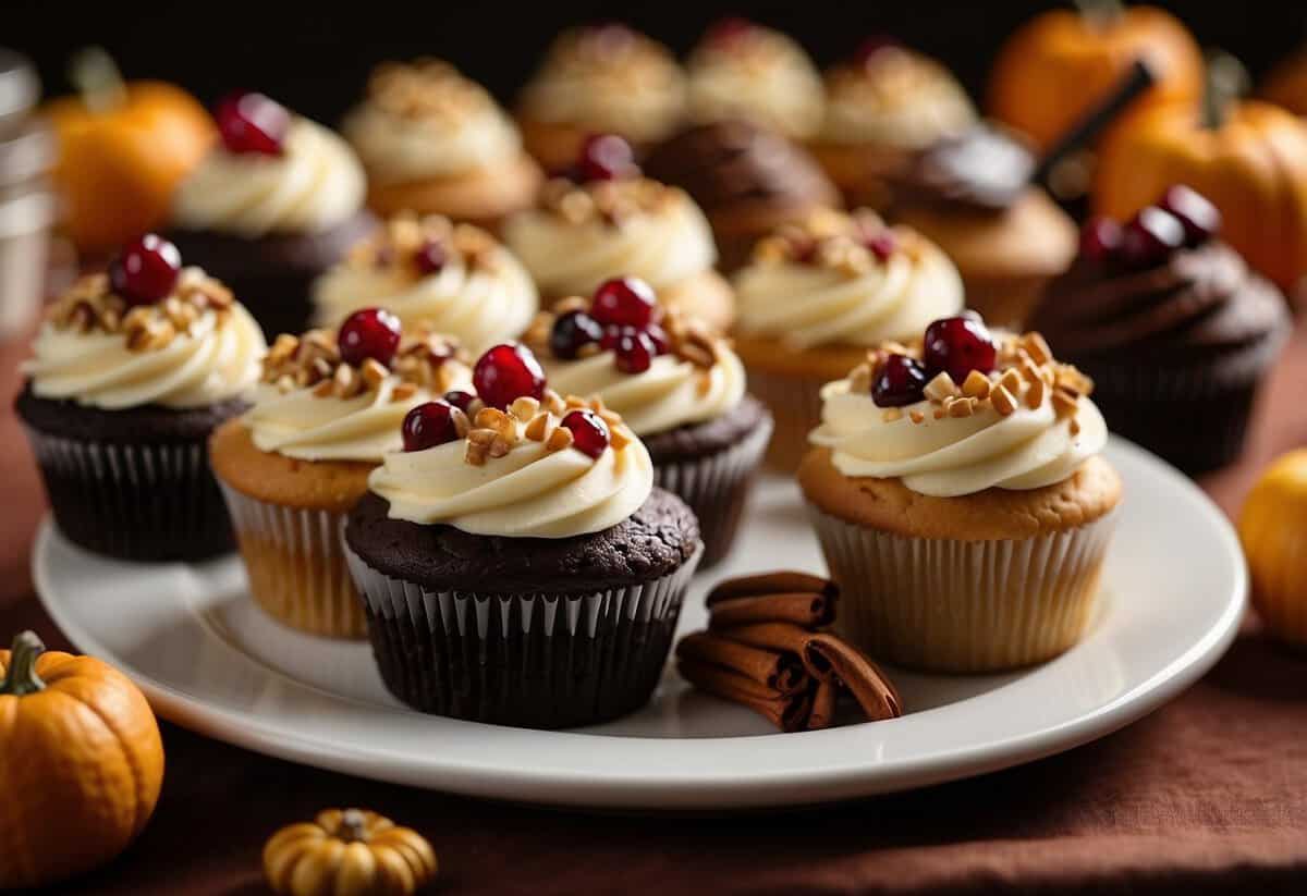 A table adorned with a variety of wedding cupcakes, each topped with seasonal flavors like pumpkin spice, apple cinnamon, and cranberry orange