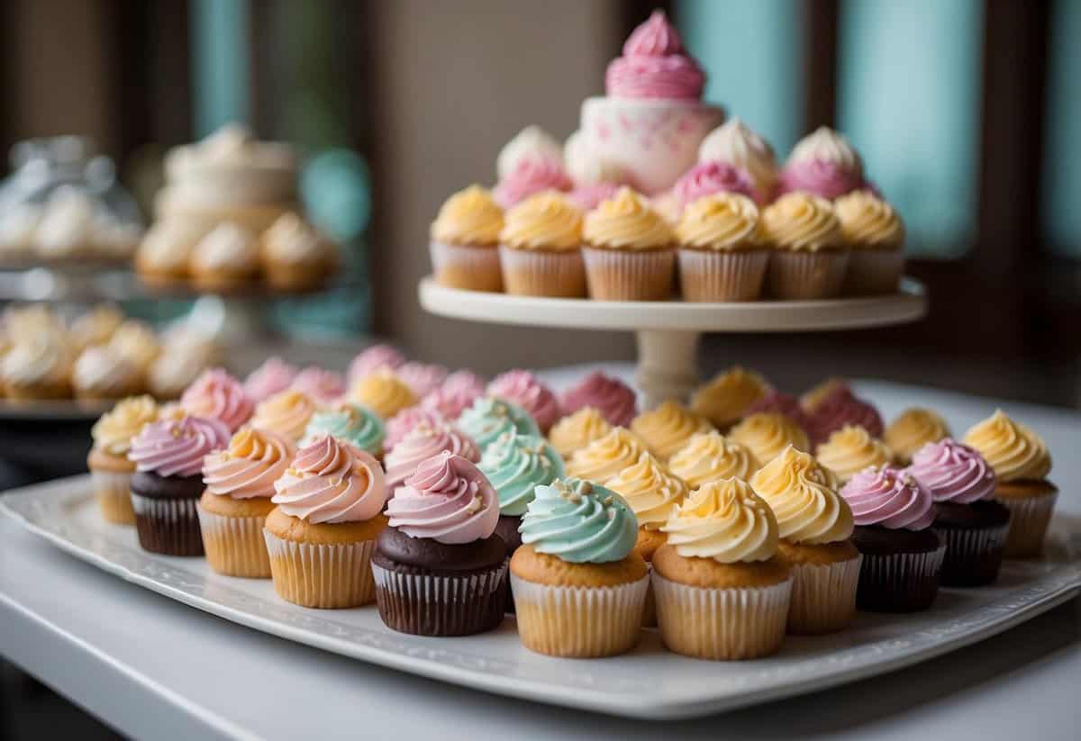 A table with various frosting colors and piping bags, surrounded by wedding cupcakes