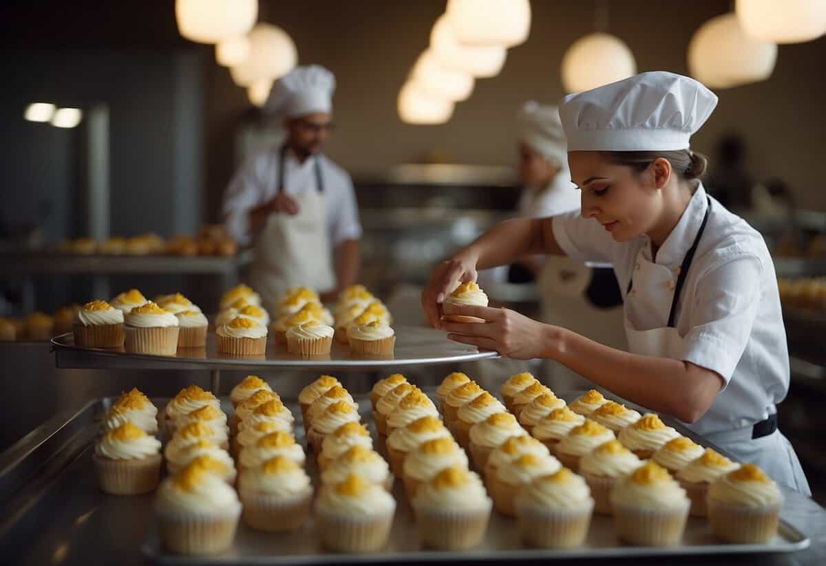 A baker carefully selects and uses fresh ingredients to create beautifully decorated wedding cupcakes