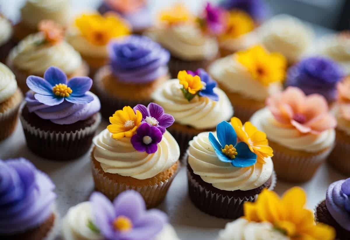 A display of wedding cupcakes topped with colorful edible flowers
