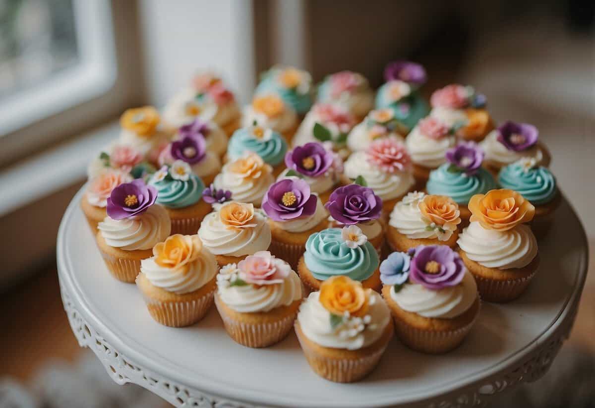 A table adorned with colorful, intricately decorated wedding cupcakes, each topped with unique and personal touches like miniature flowers, monogrammed initials, and delicate lace designs