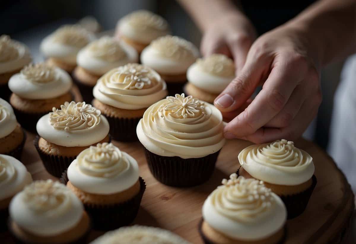 A skilled baker carefully decorates wedding cupcakes with intricate designs and delicate details, creating a beautiful and elegant display for the special occasion