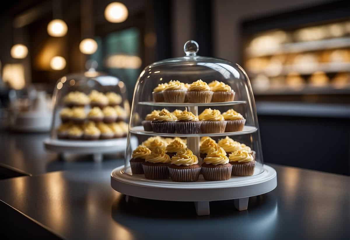 Cupcakes neatly arranged in a tiered display stand, covered with a clear dome to keep them fresh. Labels on each flavor for easy identification