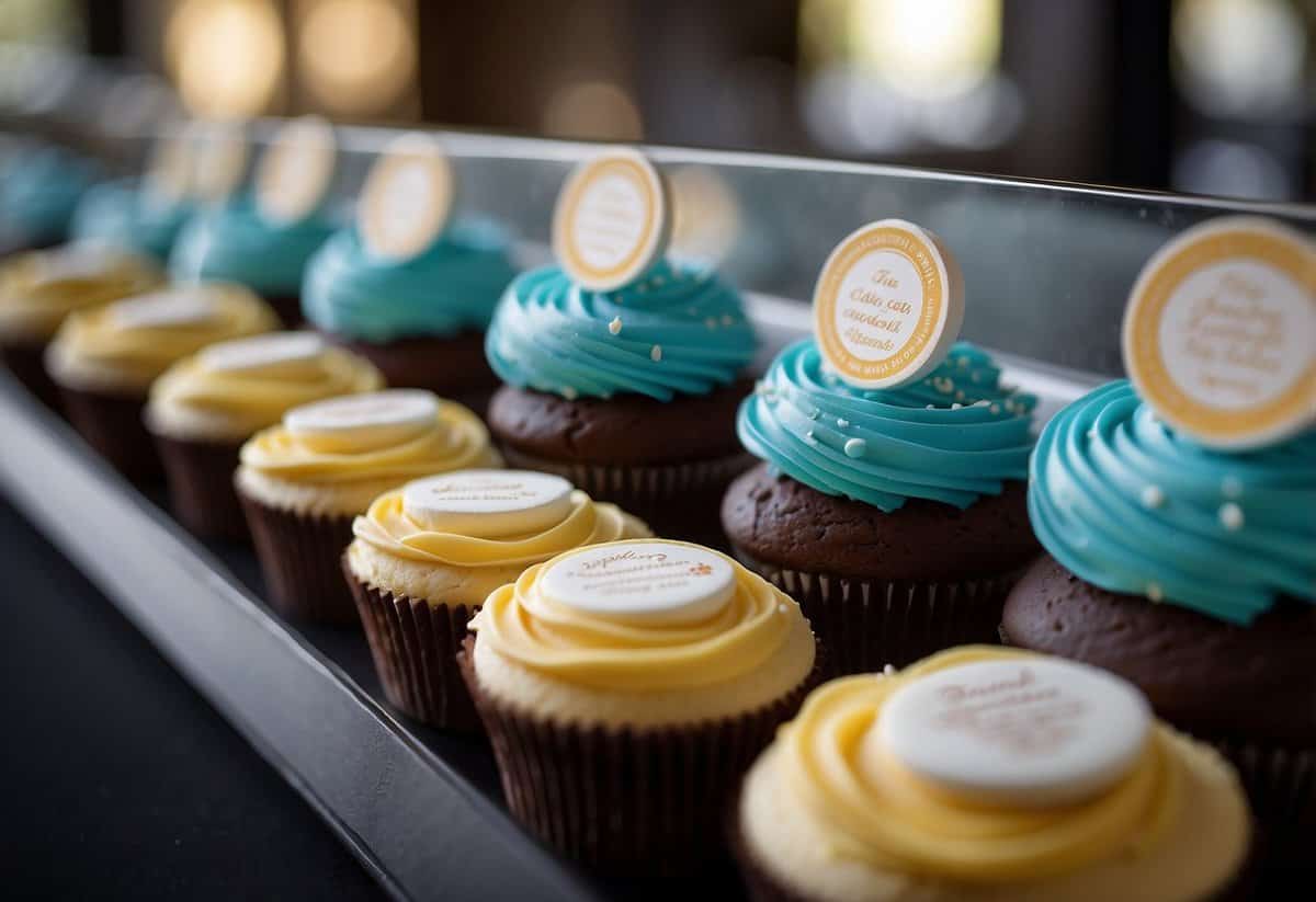 A display of colorful wedding cupcakes with labels for dietary restrictions