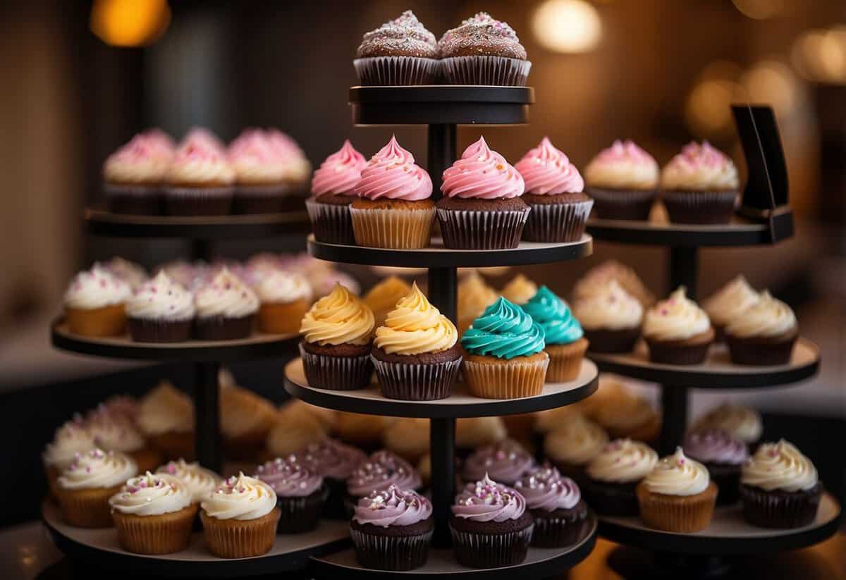A display of various cupcake flavors arranged on a tiered stand, with elegant decorations and labels for a wedding event