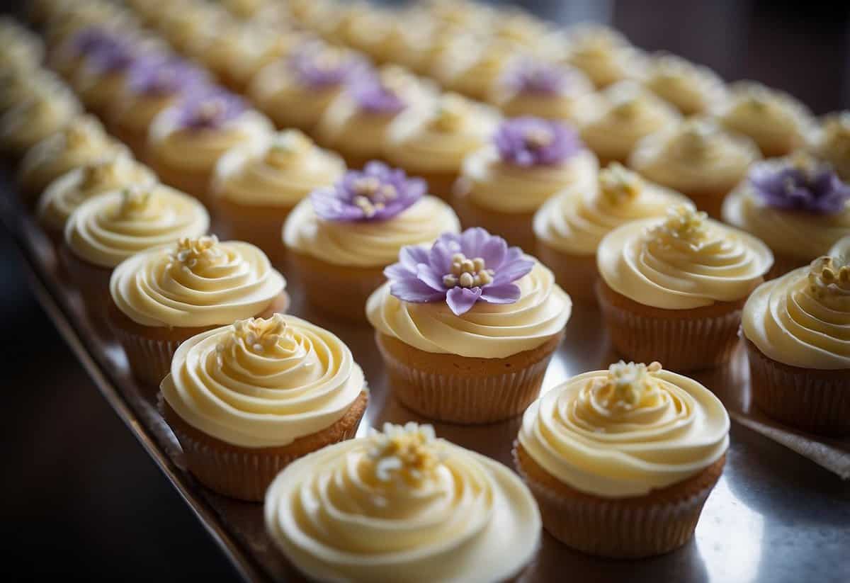Pastry bags squeeze frosting onto rows of wedding cupcakes, each topped with delicate flowers and elegant swirls