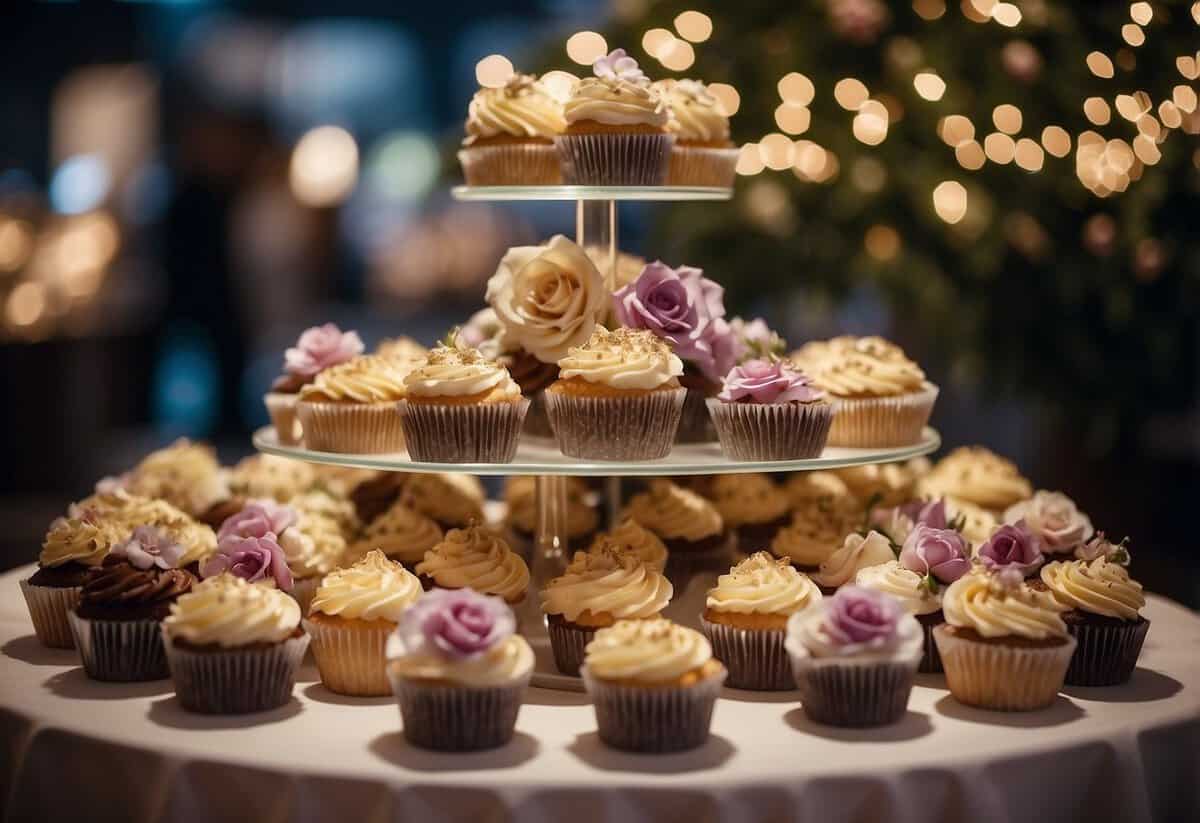 A table adorned with various tiers of beautifully decorated wedding cupcakes, surrounded by floral arrangements and twinkling fairy lights