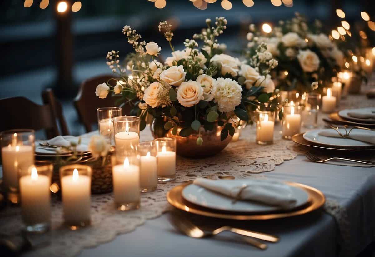 A table adorned with elegant floral centerpieces and delicate lace table runners, surrounded by twinkling fairy lights and flickering candles