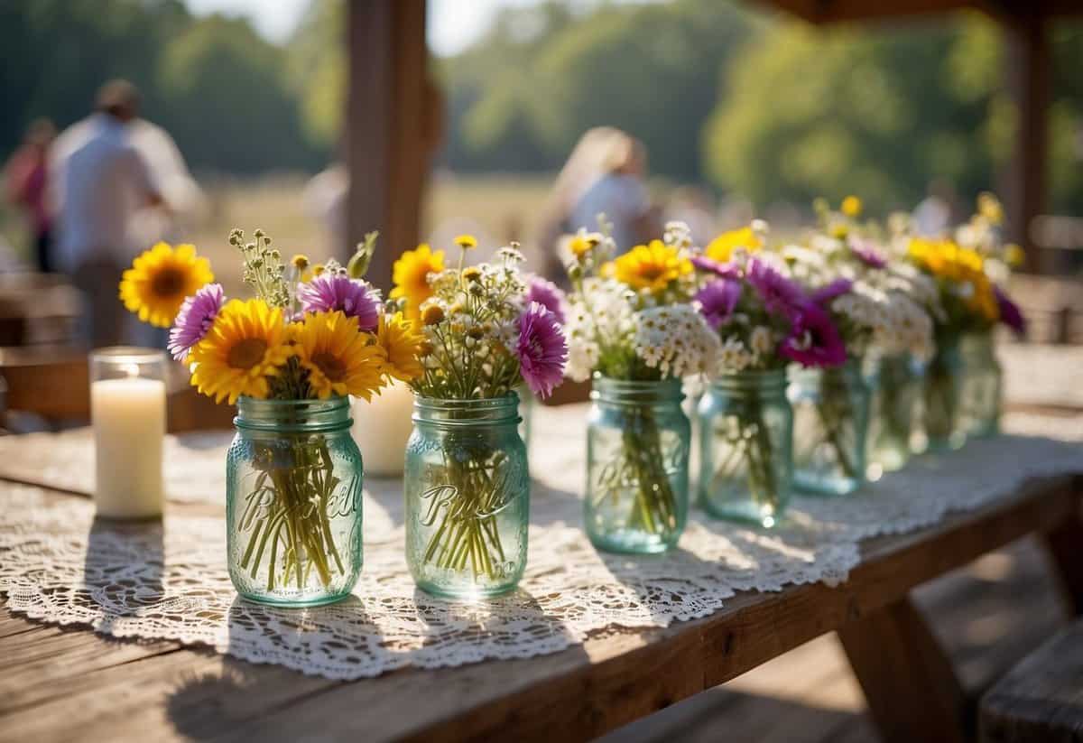 Mason jars filled with wildflowers and candles, arranged on lace-covered tables at a rustic outdoor wedding reception