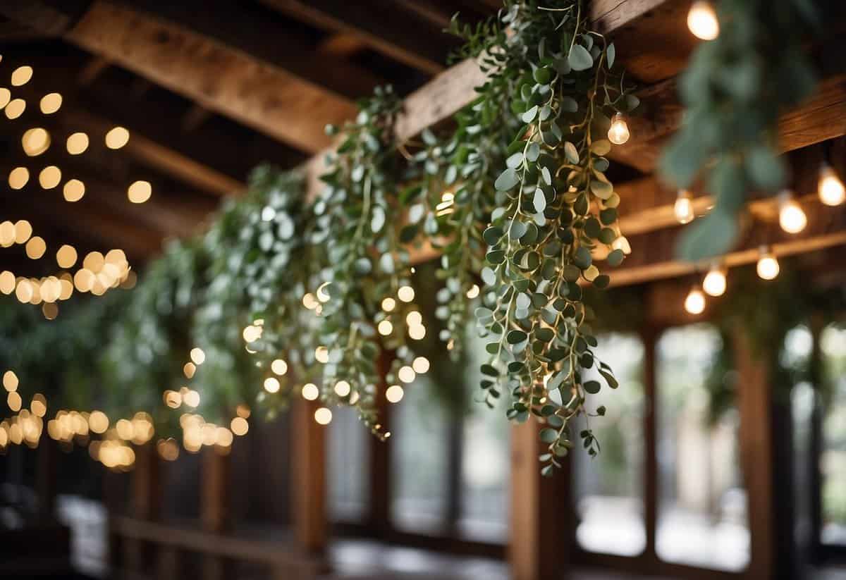Eucalyptus garlands draped over rustic wooden beams, intertwined with soft fairy lights, creating a romantic and natural wedding decoration