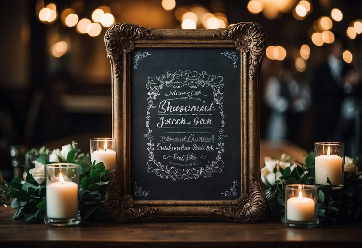 A chalkboard with elegant calligraphy displays wedding decoration tips