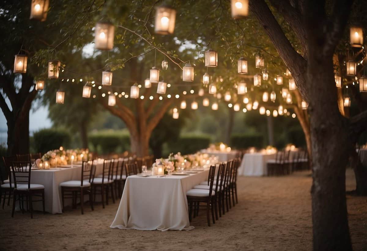 A rustic outdoor wedding with vintage lanterns hanging from tree branches, casting a warm glow over the ceremony area. Tables are adorned with lantern centerpieces, creating a romantic and whimsical atmosphere