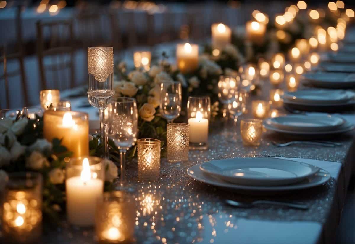 A long table adorned with shimmering sequined runners, reflecting the soft glow of candlelight and creating an elegant and romantic atmosphere for a wedding celebration