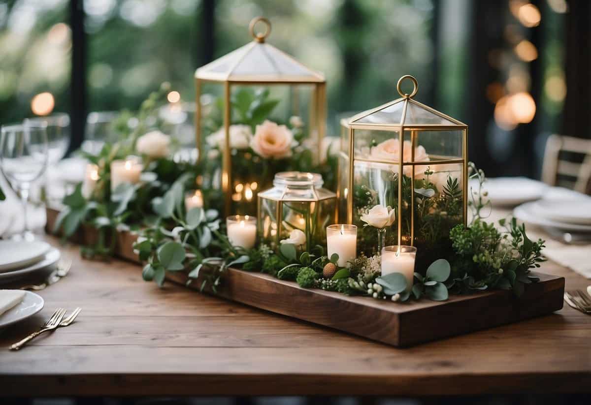 A table adorned with geometric terrariums, filled with lush greenery and delicate flowers, creating an elegant and modern wedding decor