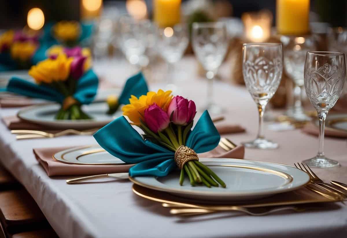 Colorful napkins arranged in elegant folds on a table, with personalized monograms and intricate designs, adding a touch of sophistication to the wedding decor