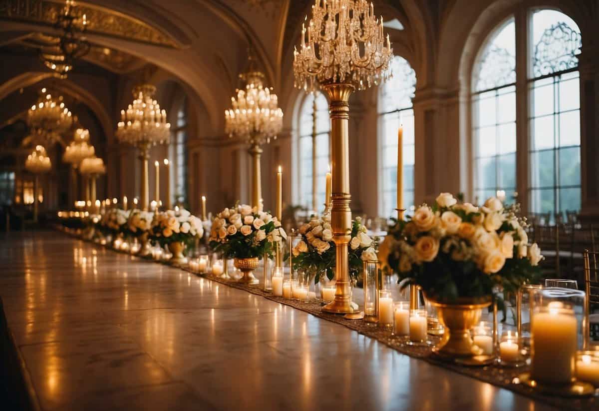 A grand hall adorned with gold candle holders, casting a warm glow on the elegant wedding decor