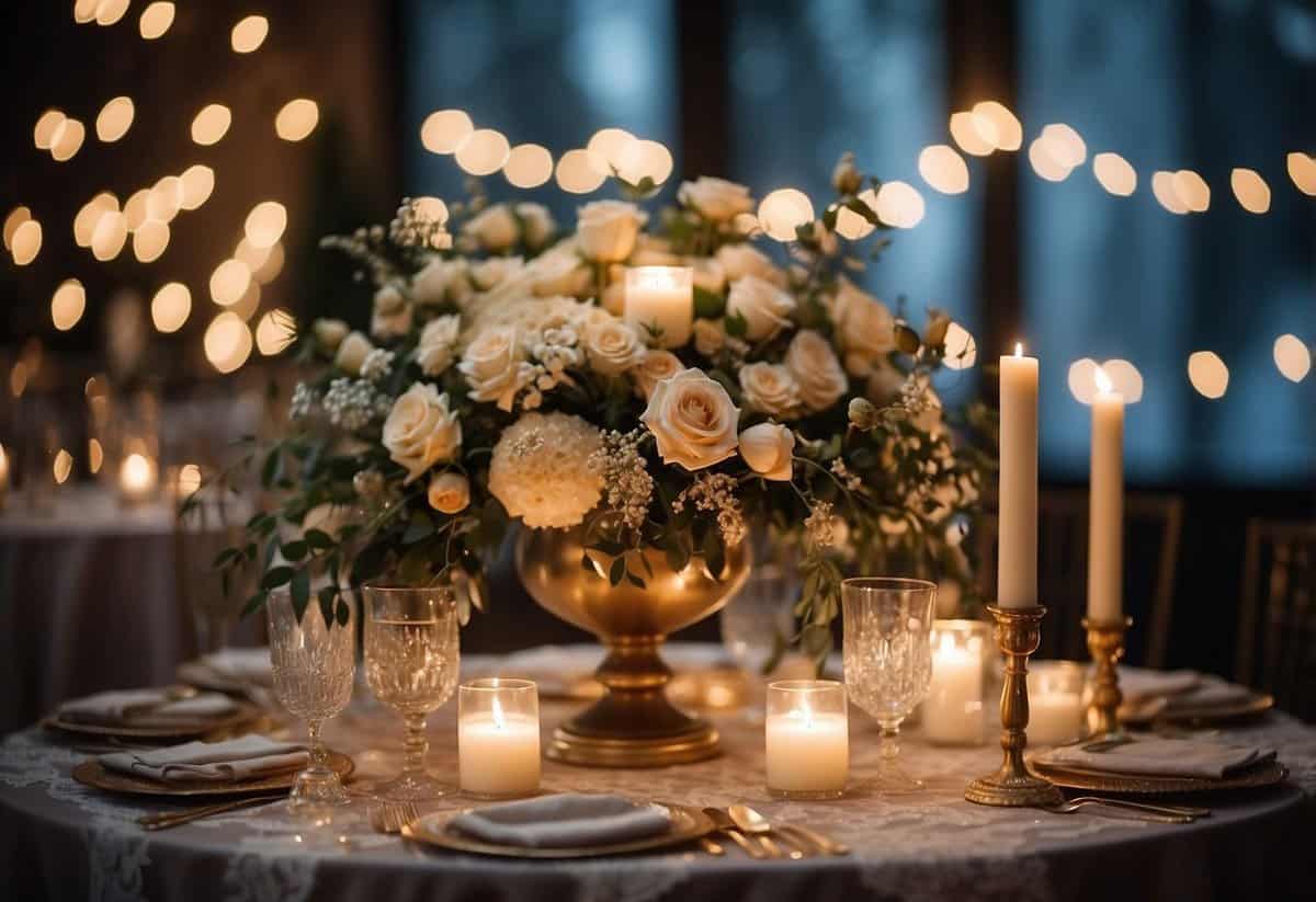 A table adorned with elegant floral centerpieces, soft candlelight, and delicate lace table runners. A backdrop of twinkling fairy lights and draped fabric creates a romantic atmosphere