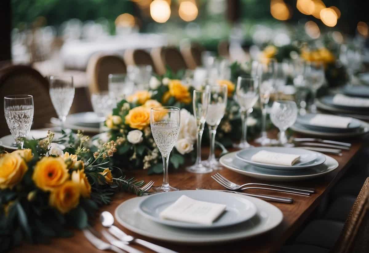 A beautifully set wedding table with elegant place settings, floral centerpieces, and sparkling glassware