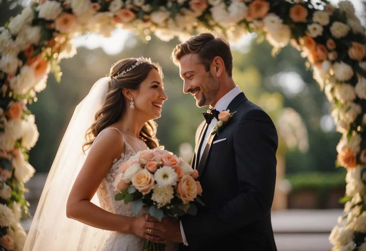 A bride and groom standing close together, smiling and looking at each other with love and happiness, surrounded by beautiful flowers and elegant decor