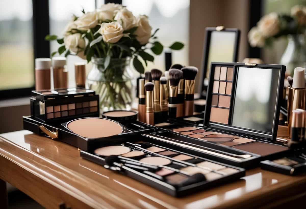 A bride's makeup table with natural tones and brushes, with a wedding photo in the background
