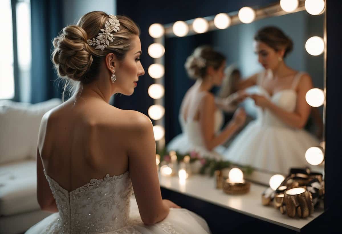 A bride sitting in front of a mirror, trying on different hairstyles, with a variety of hair accessories and a wedding dress hanging in the background