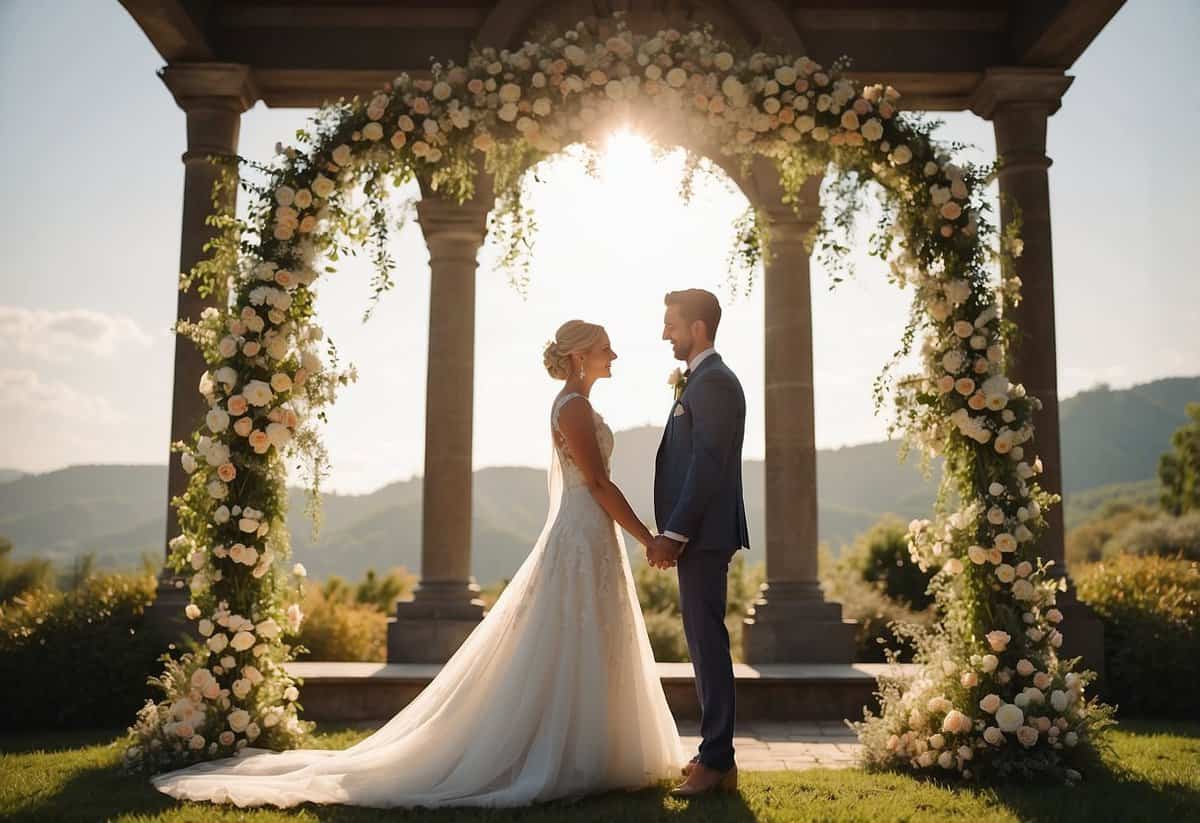 A sunny outdoor wedding with soft, natural lighting. The bride and groom are standing beneath a beautiful archway adorned with flowers, creating a romantic and picturesque setting for their photos