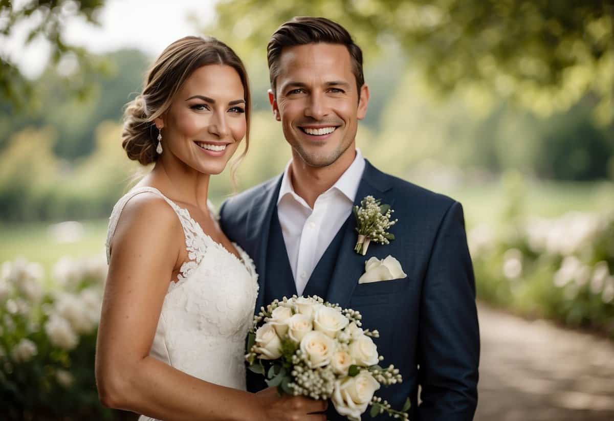 A bride and groom stand in a picturesque outdoor setting, posing naturally and smiling at the camera, with soft natural lighting enhancing their features
