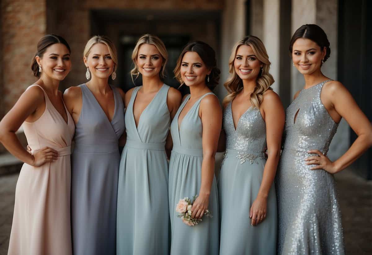 Bridesmaids stand in a row, coordinating their outfits with matching colors and styles. They smile and pose for wedding photos, looking elegant and confident