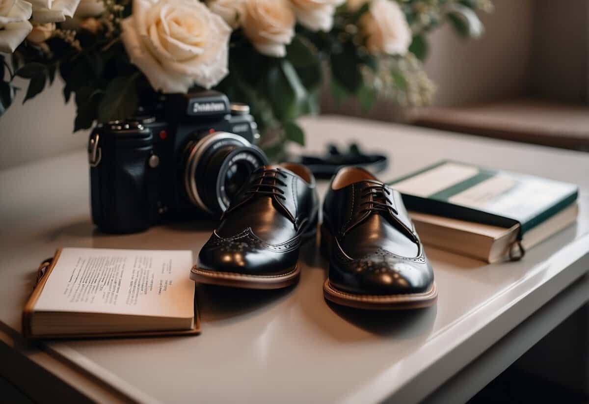 A pair of stylish, comfortable shoes placed neatly on a clean, well-lit surface, with a wedding photo album and a camera nearby
