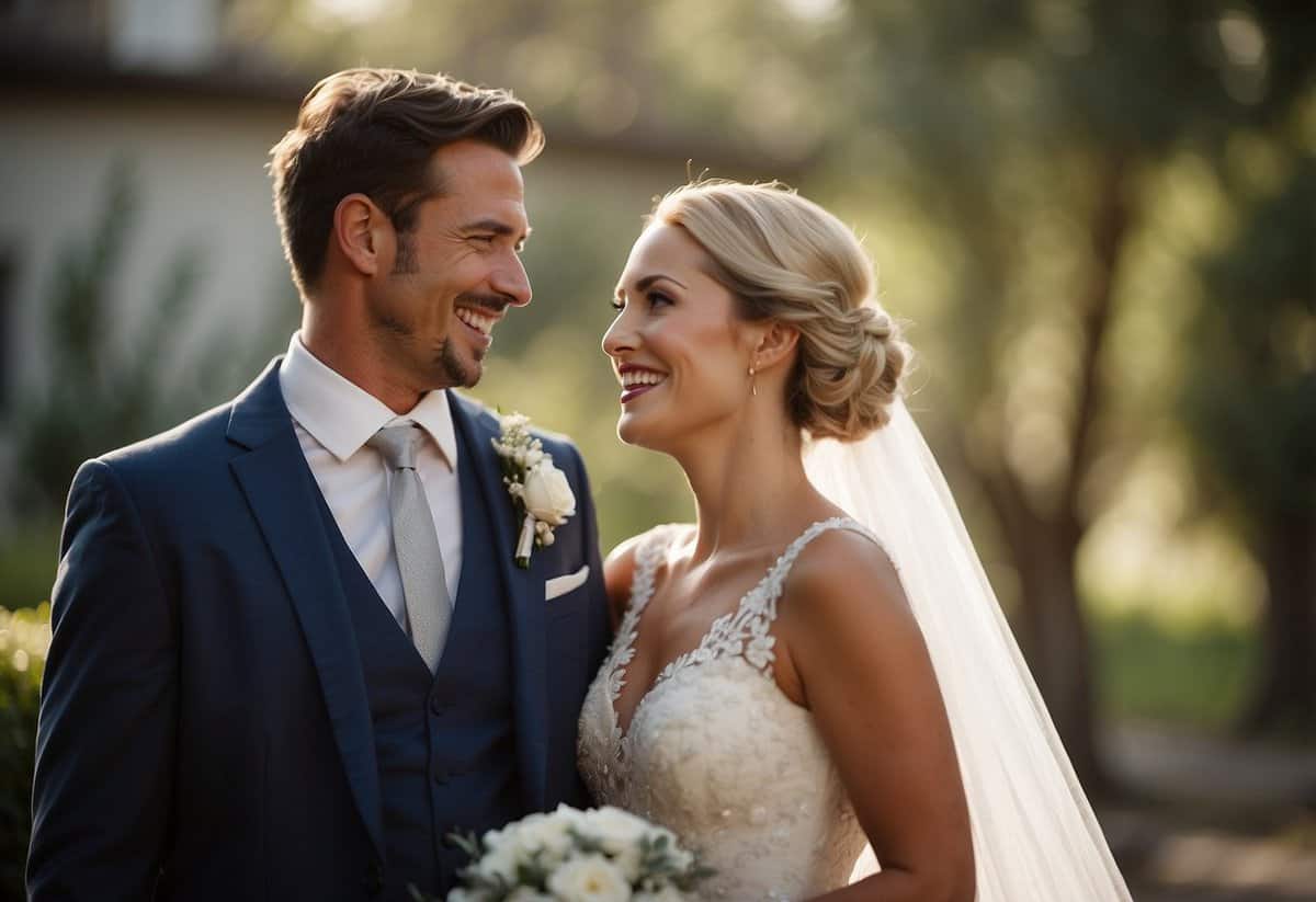 A bride and groom standing together, smiling at each other with joy and love, while a photographer captures the perfect wedding moment