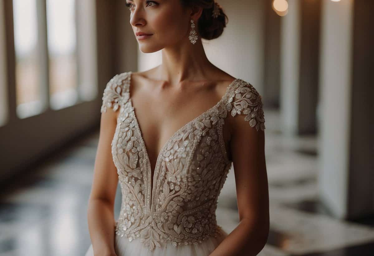A bride wearing a simple, elegant gown with minimal jewelry and a delicate hair accessory, standing in soft natural light