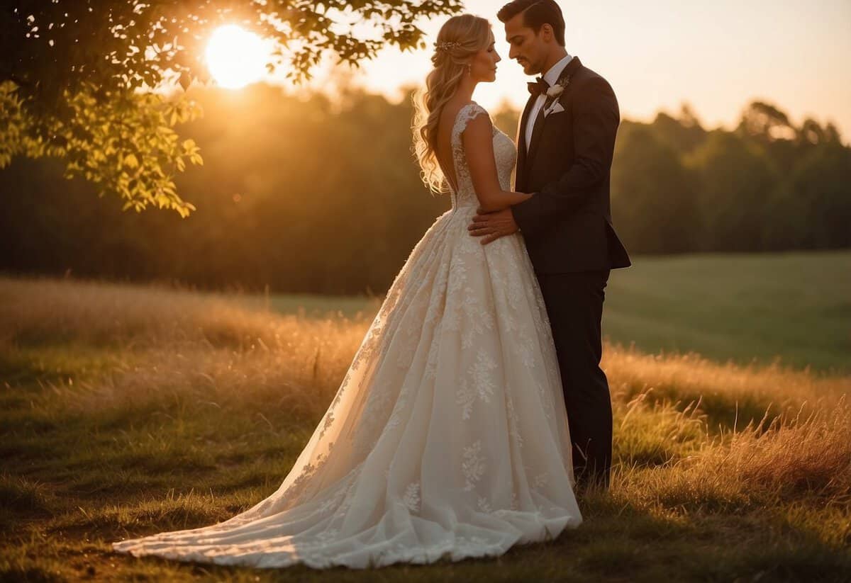A bride and groom stand under a soft, golden sunset, casting long romantic shadows. The warm light illuminates their faces, creating a dreamy and timeless atmosphere for their wedding photos