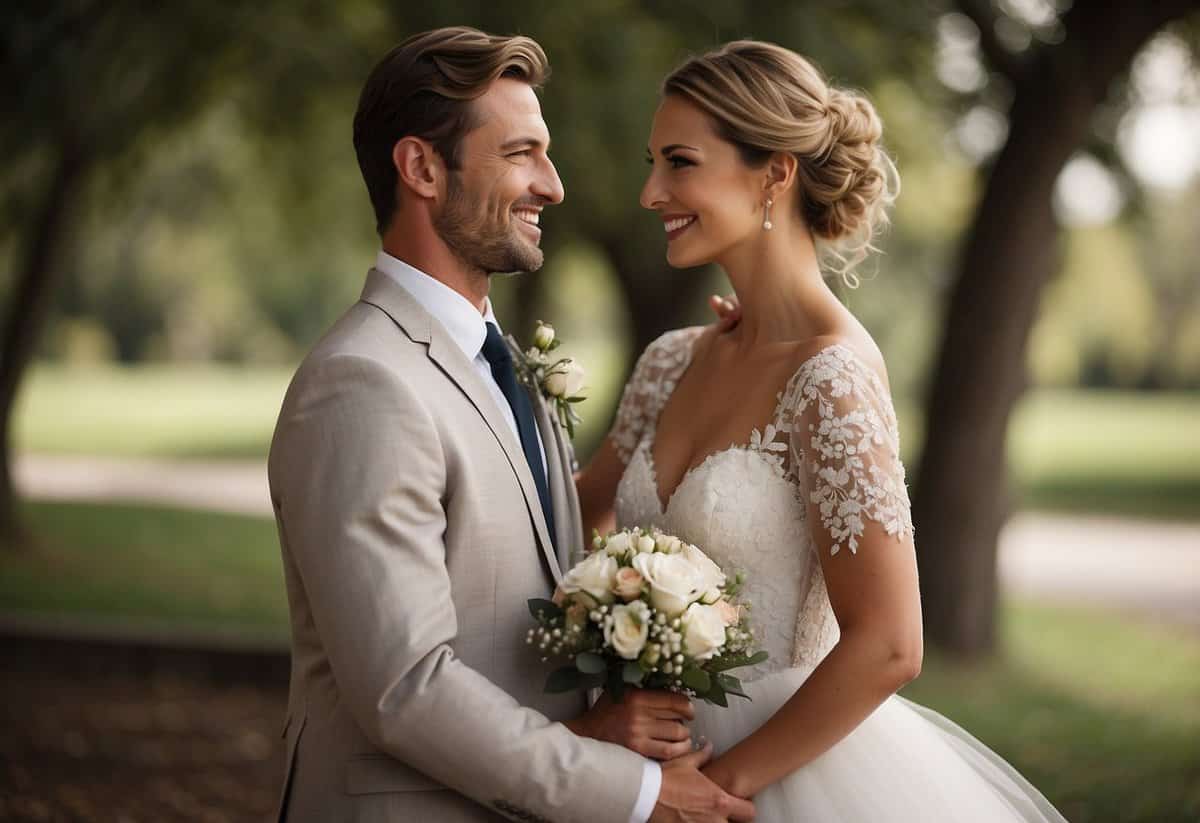 A bride and groom stand close, facing each other with gentle smiles, their hands clasped together. The photographer captures their affectionate pose from a low angle to showcase their connection