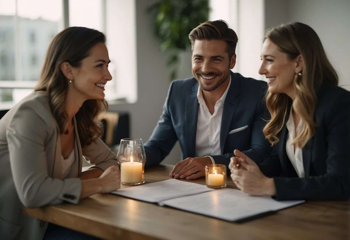 A couple sits at a table with a wedding planner, discussing details and looking at a portfolio of previous events. The planner gestures and smiles as they share tips and ideas