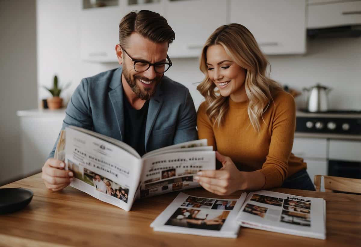 A couple happily reading positive reviews online about wedding planners, surrounded by wedding magazines and notes