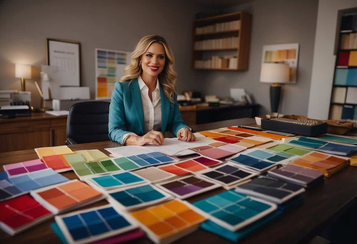 A wedding planner sits at a desk, surrounded by color swatches, fabric samples, and a calendar. They are carefully organizing and arranging details for a client's upcoming wedding