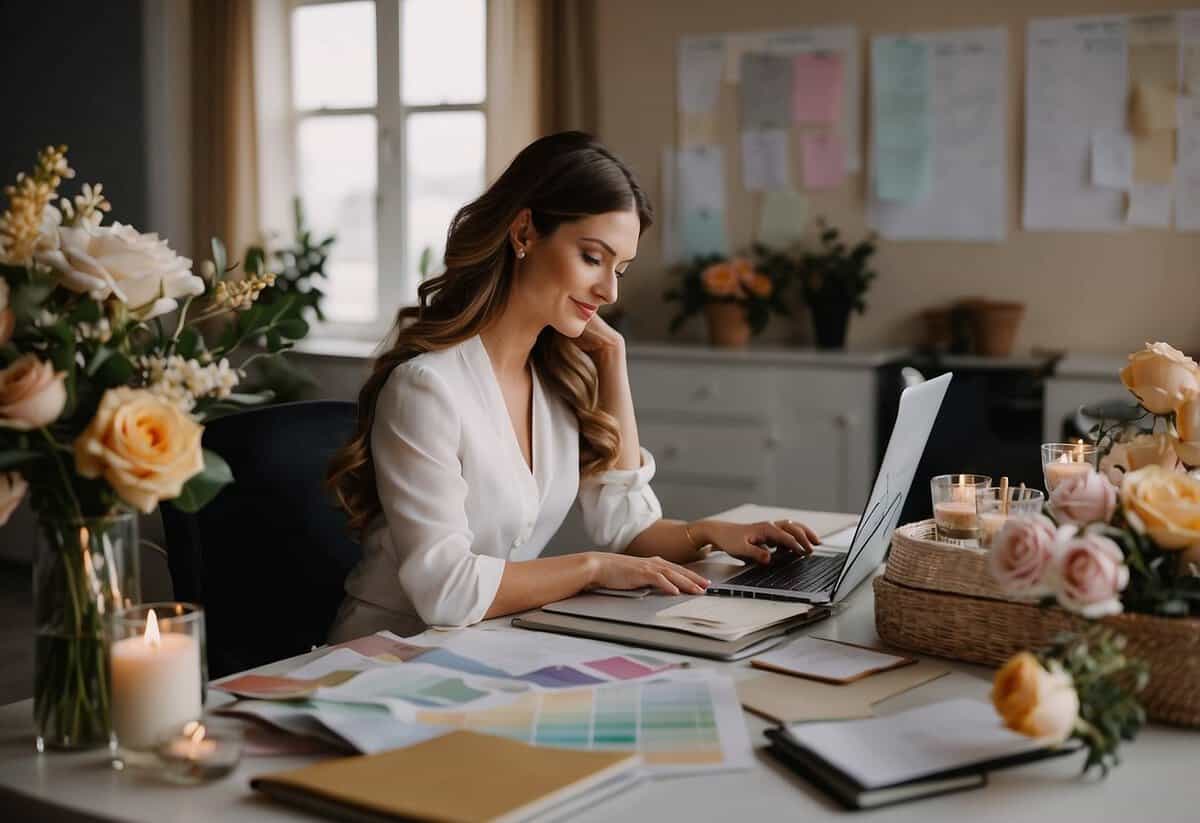 A wedding planner sits at a desk, surrounded by fabric swatches, floral arrangements, and a stack of contracts. A laptop is open, displaying a calendar with appointments and deadlines