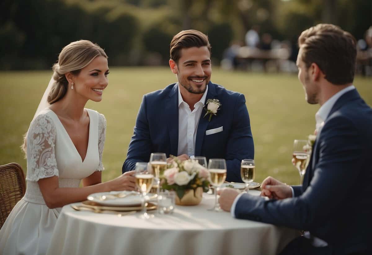 A couple sits at a table with a wedding planner, discussing details and exchanging ideas. The planner listens attentively, taking notes and offering suggestions