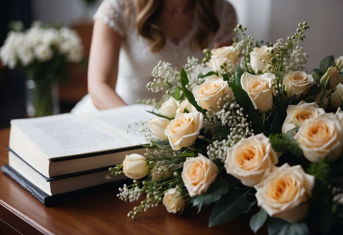 Maid of honor holds a handwritten speech, surrounded by flowers and wedding decor, preparing to deliver a heartfelt message