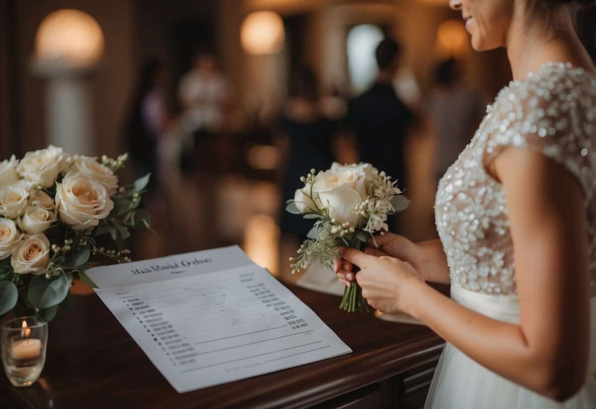 The maid of honor hands the bride a schedule, offering tips to help her manage the wedding day