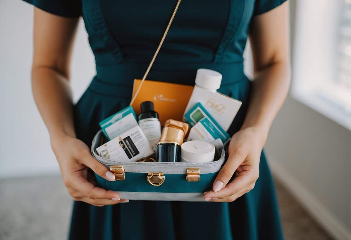 A maid of honor carrying an emergency kit for the wedding day