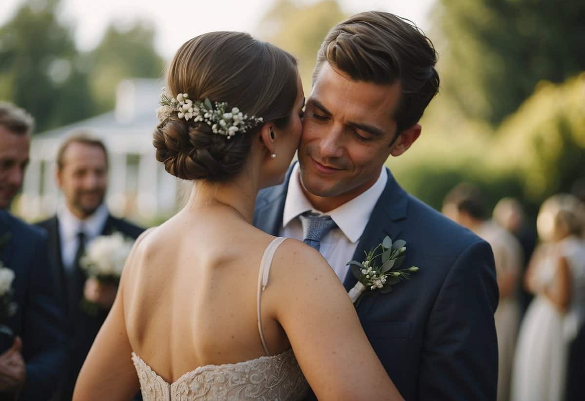 Maid of honor receives comforting words and a warm embrace before the wedding ceremony