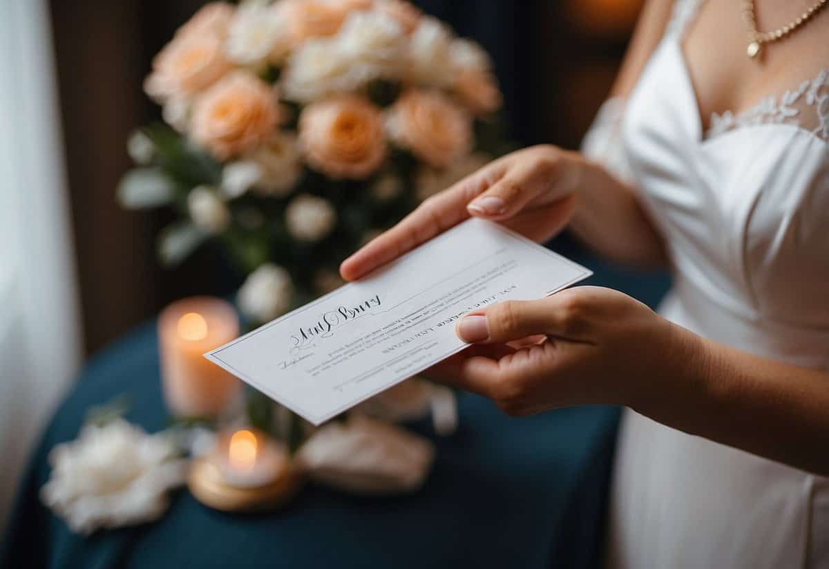 A maid of honor hands over a note with communication tips to the wedding party