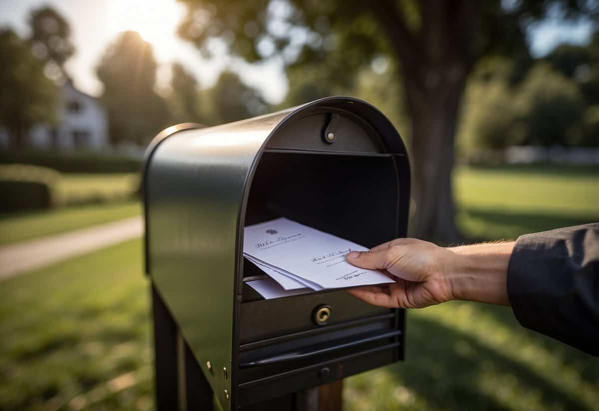A hand places wedding invitations into a mailbox, with a stack of envelopes and a pen nearby