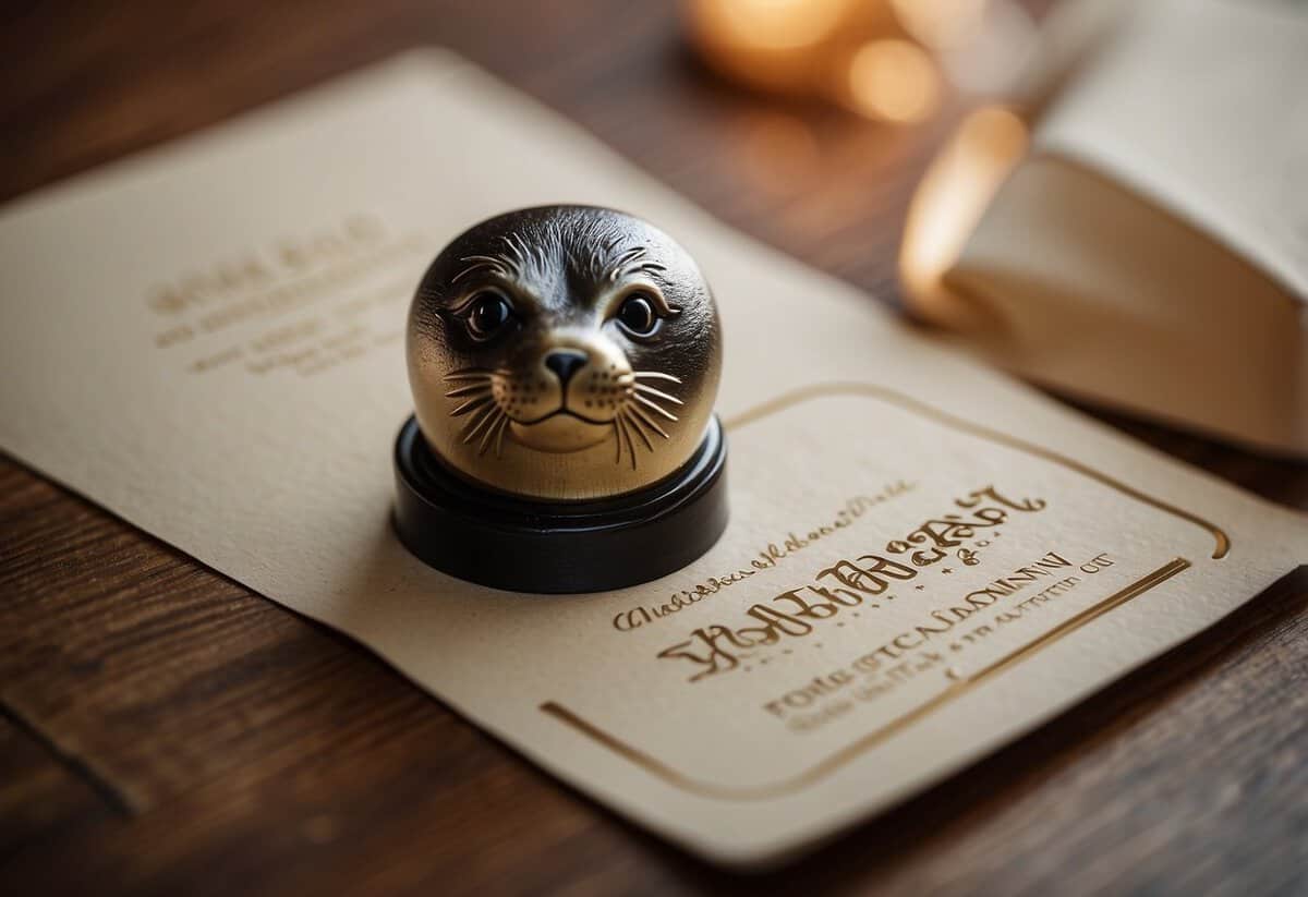 A seal presses onto a wax stamp on a wedding invitation envelope