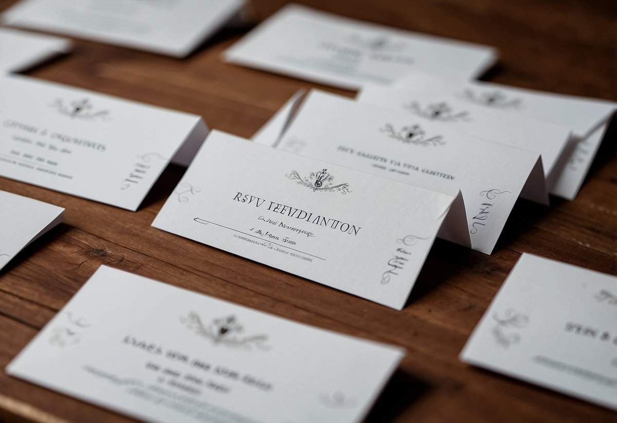 RSVP cards being placed in envelopes with wedding invitations, along with mailing tips