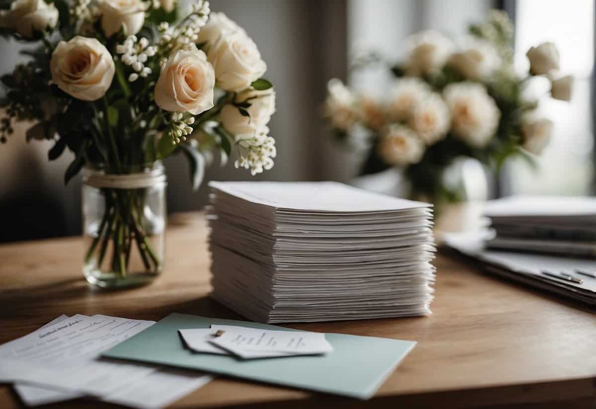 A table with a stack of wedding invitations, a pen, and a pile of envelopes ready to be addressed
