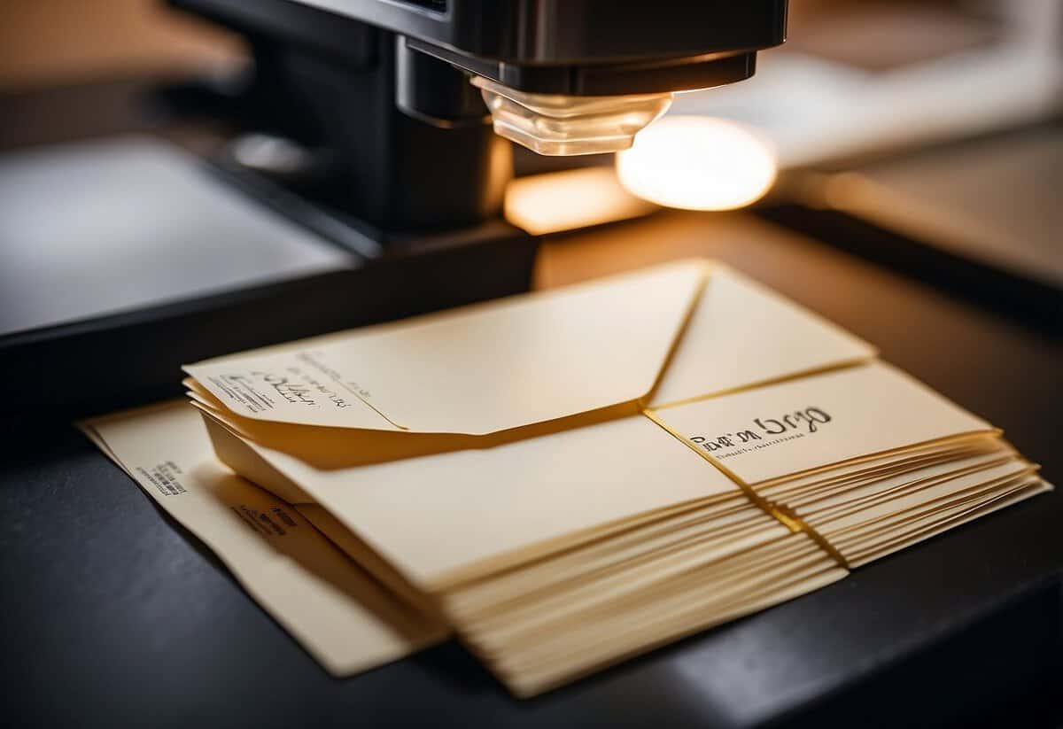 Envelopes being stamped and mailed with wedding invitations