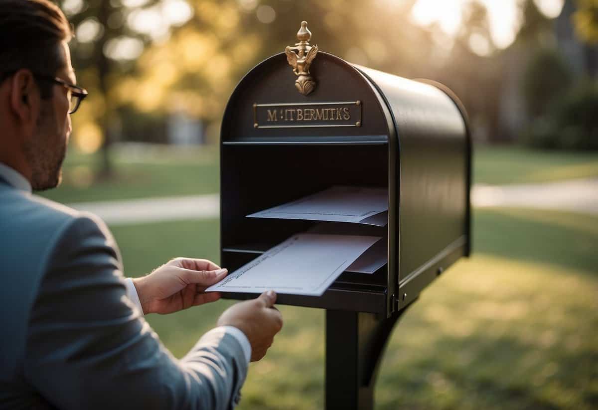 A hand places wedding invitations into a mailbox, with a tip envelope tucked among the cards