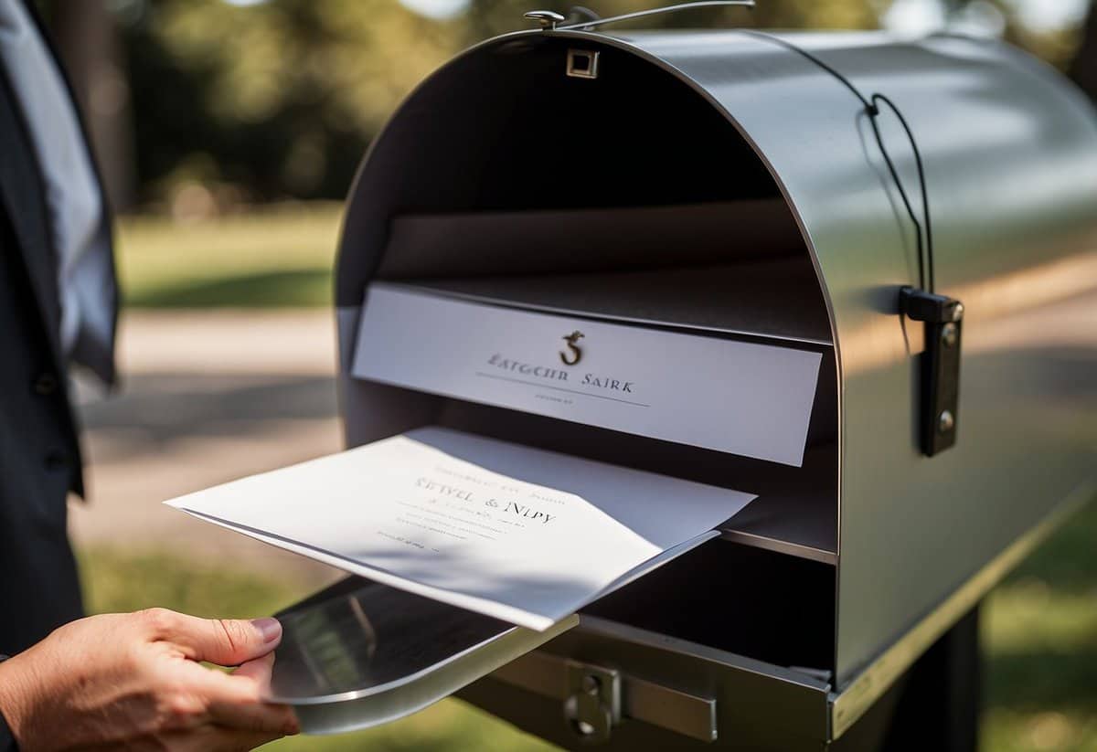 Wedding invitations being placed in a mailbox with a "send early" reminder note attached